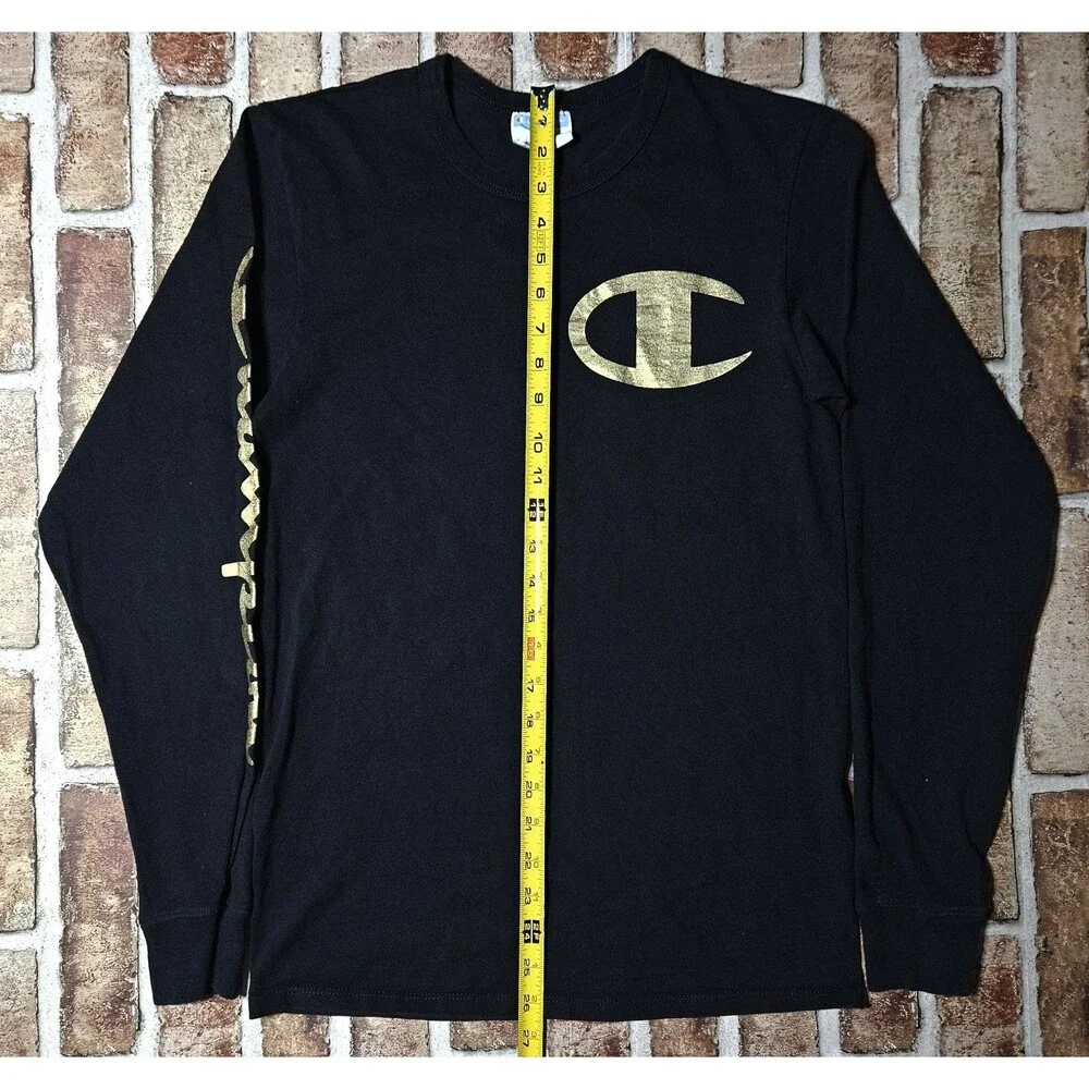 VTG Champion Heritage Long Sleeve Shirt Size Small Black & Gold Logo Crew Neck - Picture 3 of 8